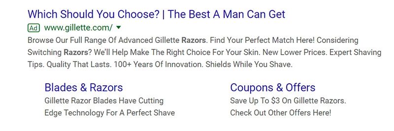 image of a good headline and description (metadata) from Gillette