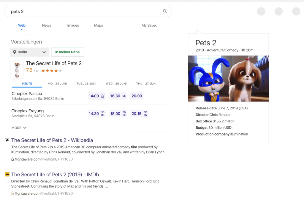 An image of the Pets 2 movie Search engine results page on Google (SERPs)